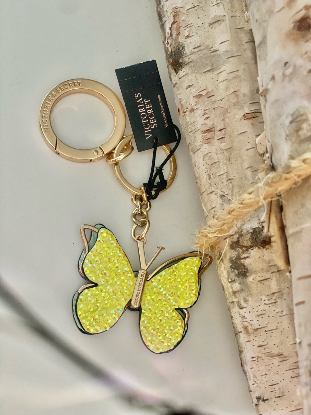 Victoria's Secret Yellow Glitter Butterfly Key Ring with Gold Hardware